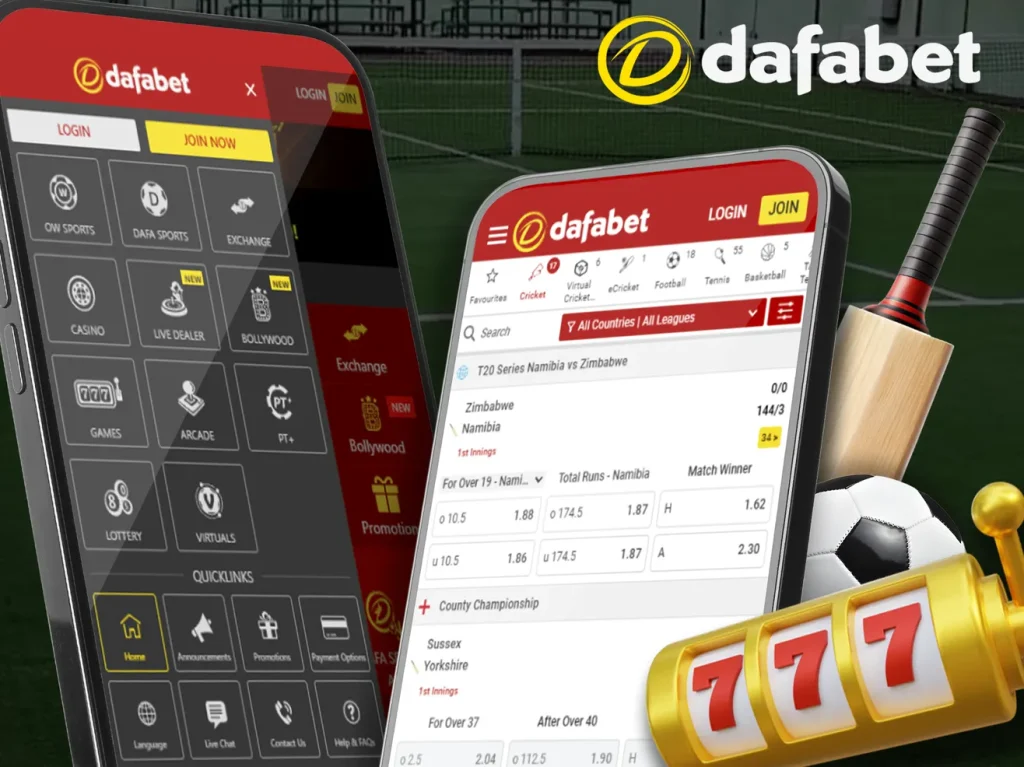 Dafabet app menu with sports casino and support categories