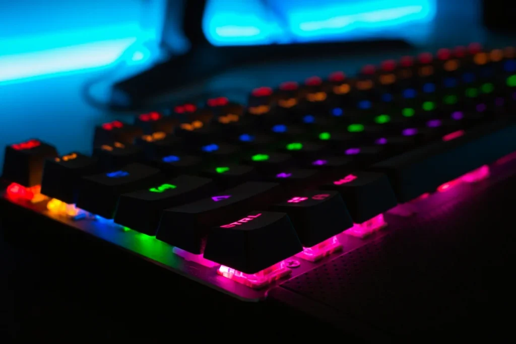 Neon gaming keyboard illustration for arcade and instant game category information